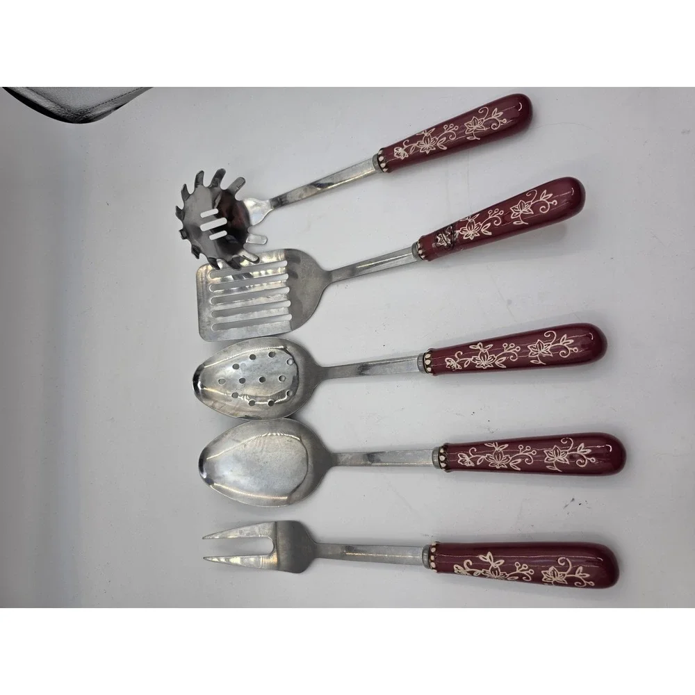 Temp-tations by Tara Old World Cranberry Stainless Steel Ceramic Utensil 5pc P2